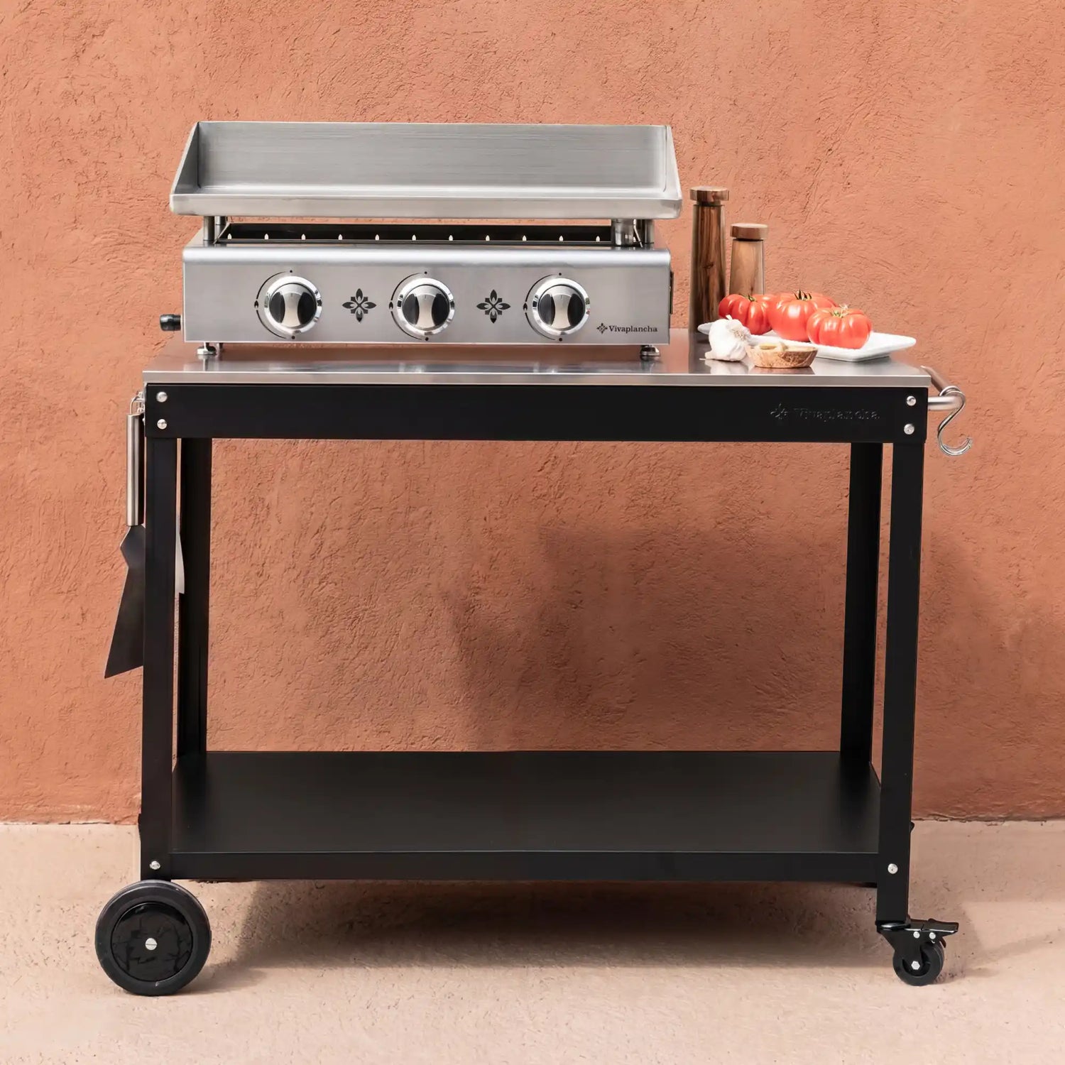 Pack Plancha gaz inox PIMIENTOS 3 brûleurs + Couvercle + Accessoires + Chariot