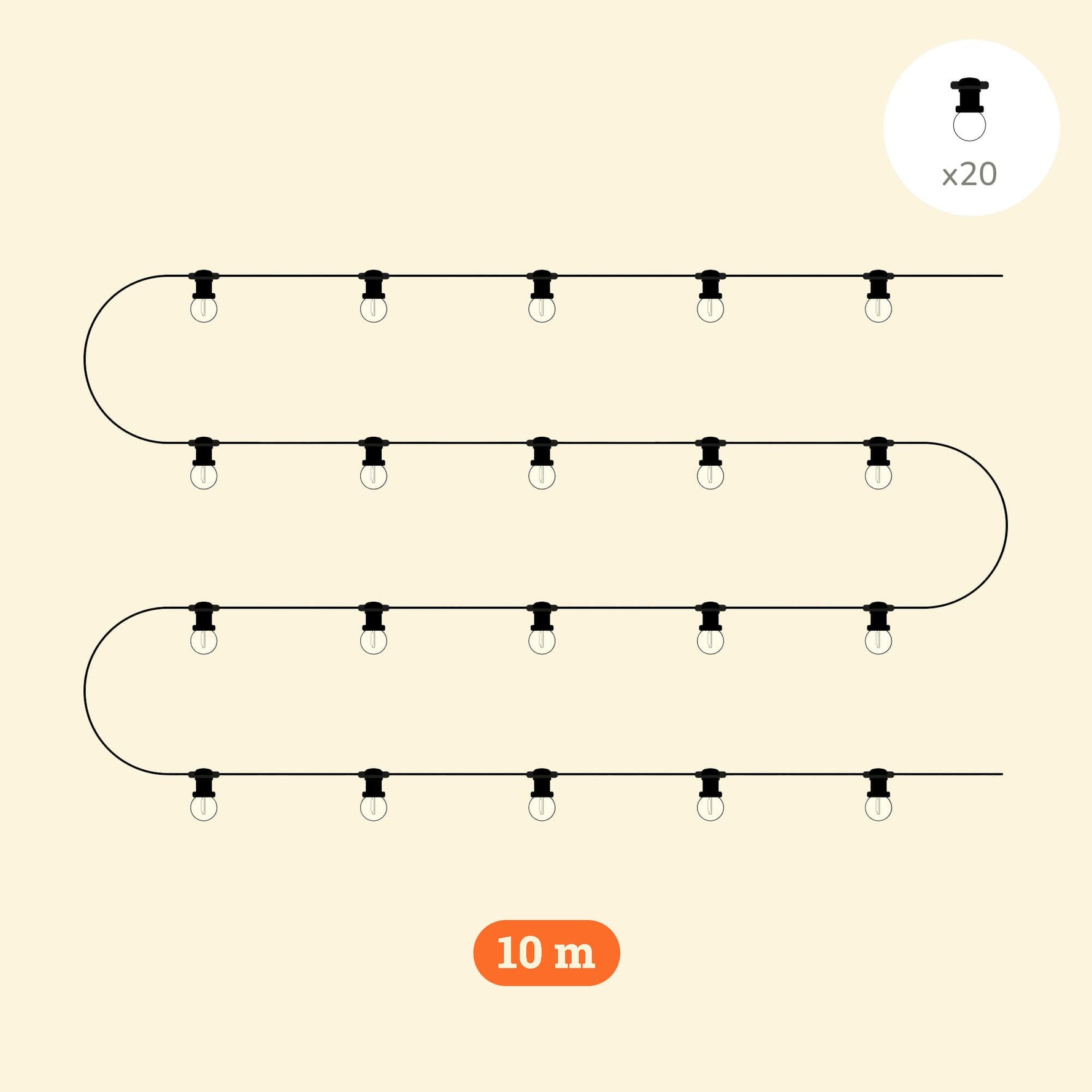 Guirlande lumineuse d’extérieur de 10 mètres avec 20 ampoules rondes transparentes sur câble noir.