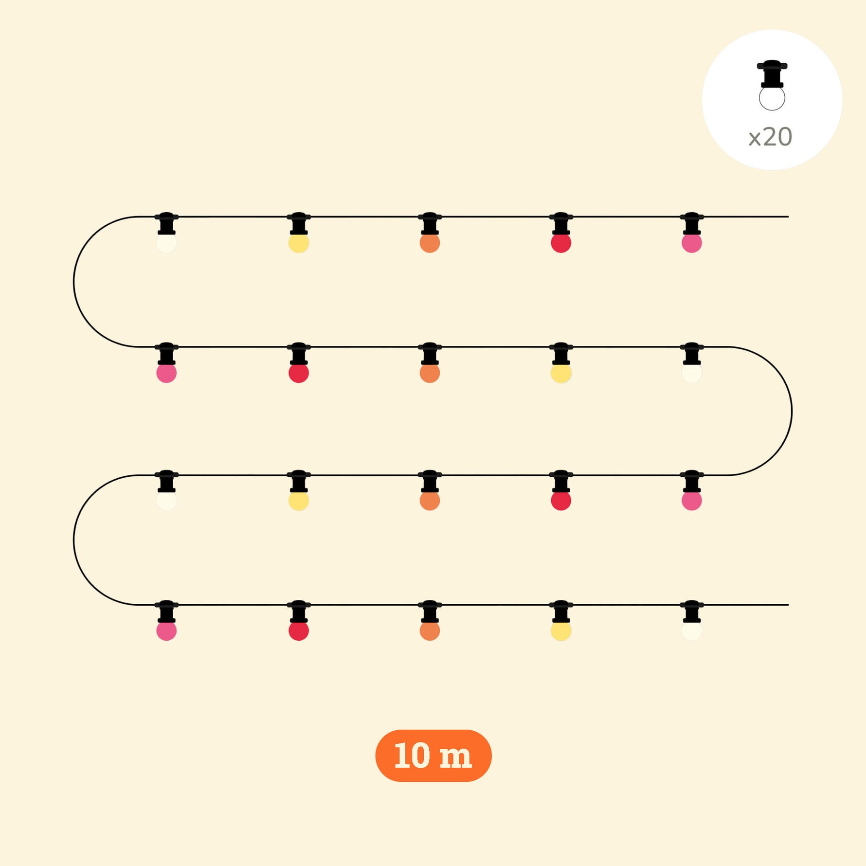 Schéma illustrant une guirlande lumineuse Sunset de 10 mètres composée de 20 ampoules colorées pour l’éclairage extérieur.