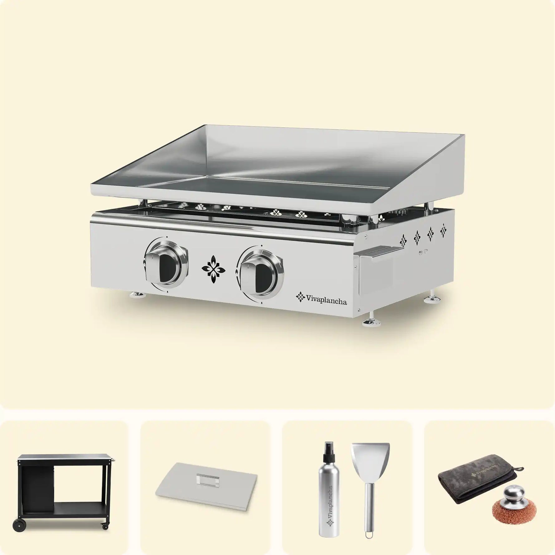 Pack plancha Vivaplancha Pimientos avec chariot avec cache bouteille, couvercle de protection et accessoires.
::visuel:aveccache