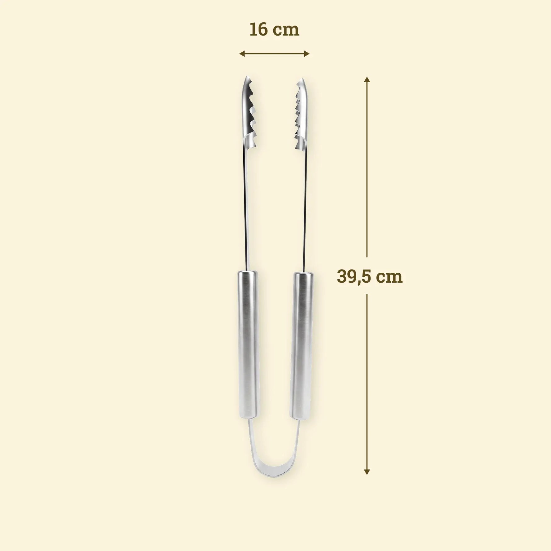 Pince en inox Vivaplancha avec dimensions de l'ustensile.