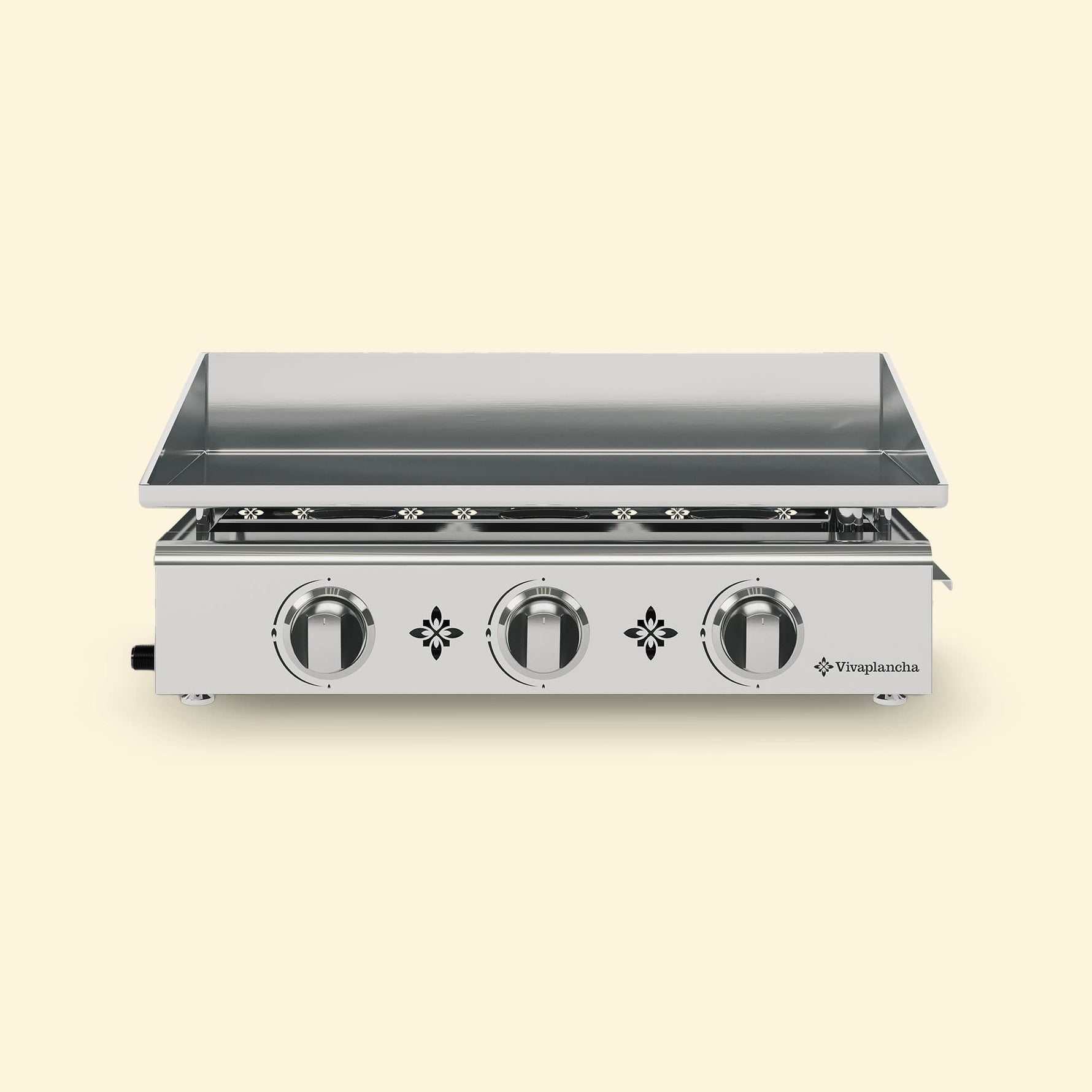 Plancha gaz Vivaplancha modèle Pimientos avec trois brûleurs en inox et plaque de cuisson en inox lisse, présentée de face sur fond uni beige.