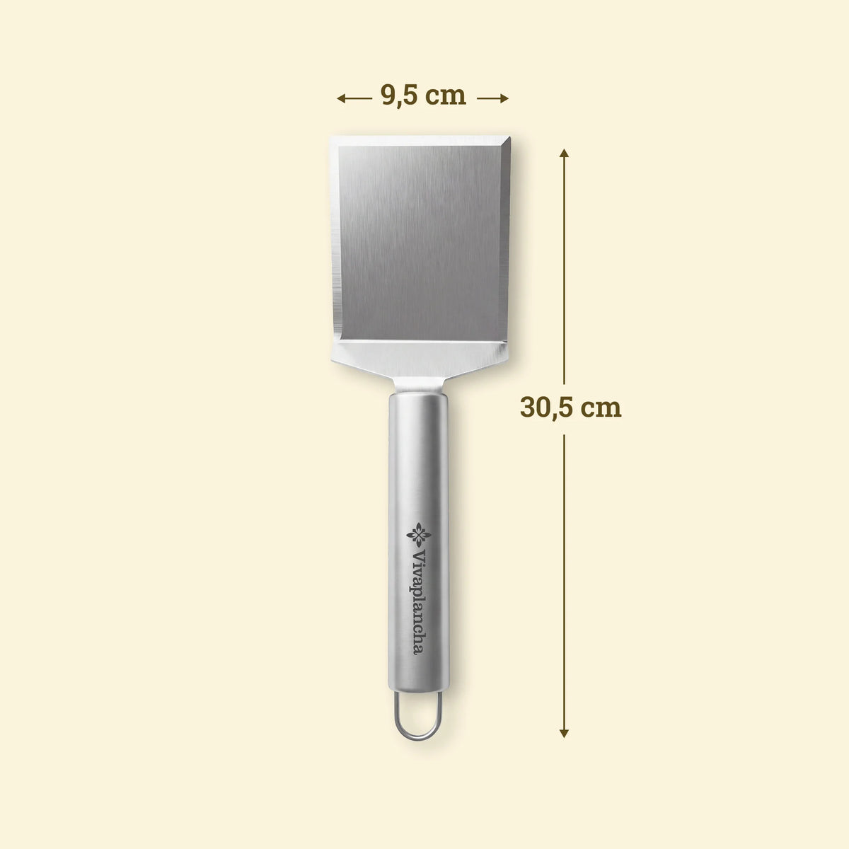 Spatule classique en inox Vivaplancha avec dimensions de l'accessoire.