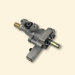 Valve de plancha gaz Vivaplancha en métal, pièce détachée avec sortie laiton et axe central, vue en perspective sur fond beige.