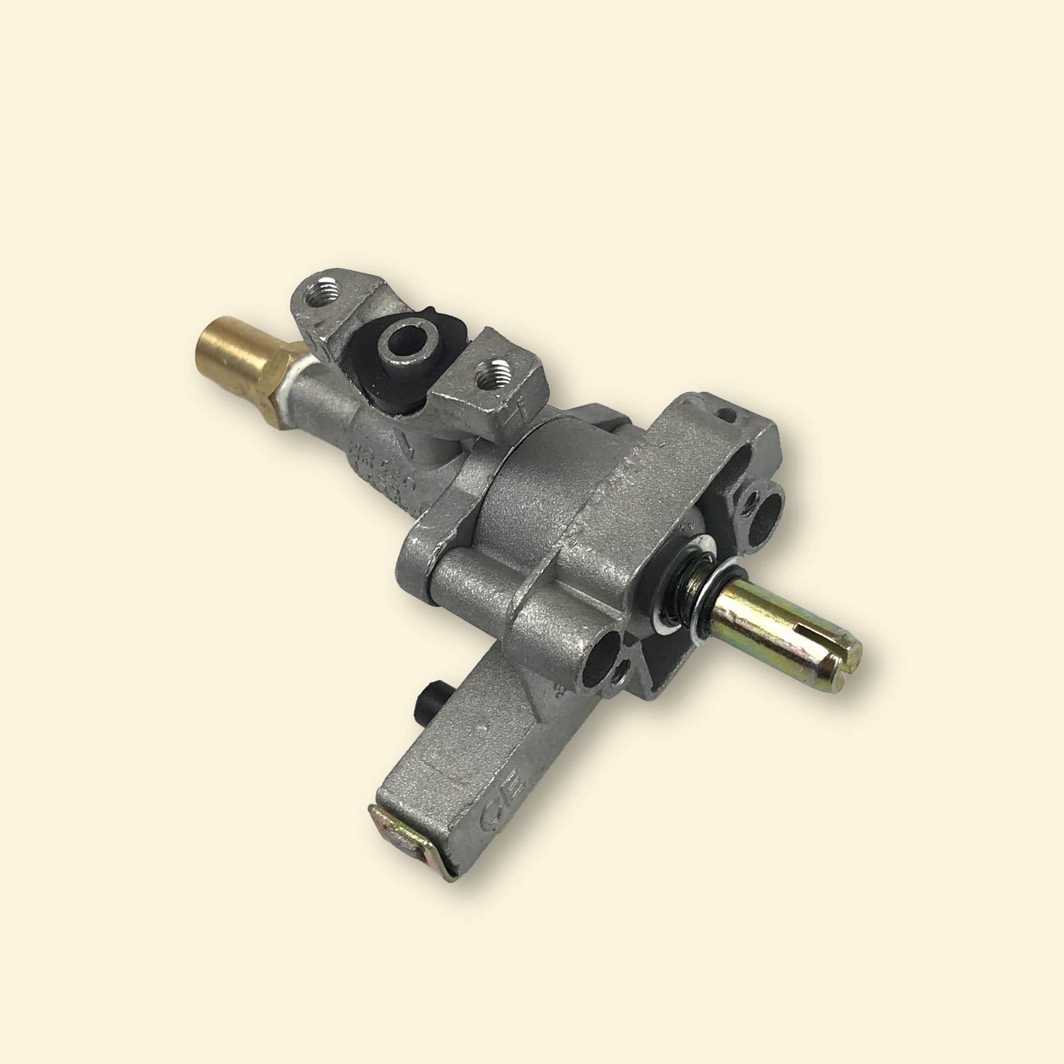 Valve de plancha gaz Vivaplancha en métal, pièce détachée avec sortie laiton et axe central, vue en perspective sur fond beige.